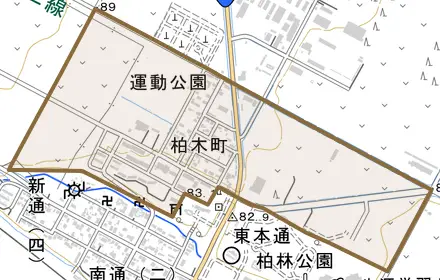 柏木町とその周辺の地図。町の範囲を重ねている