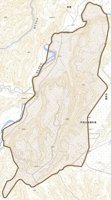 字光地園とその周辺の地図。町の範囲を重ねている