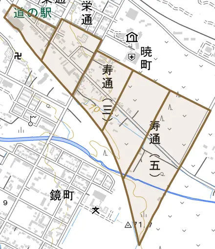寿通とその周辺の地図。町の範囲を重ねている