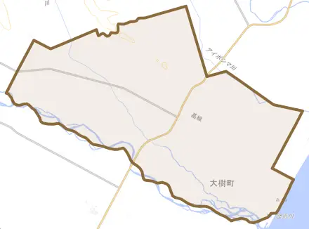 字芽武とその周辺の地図。町の範囲を重ねている