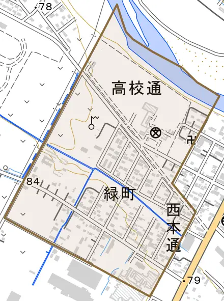 緑町とその周辺の地図。町の範囲を重ねている
