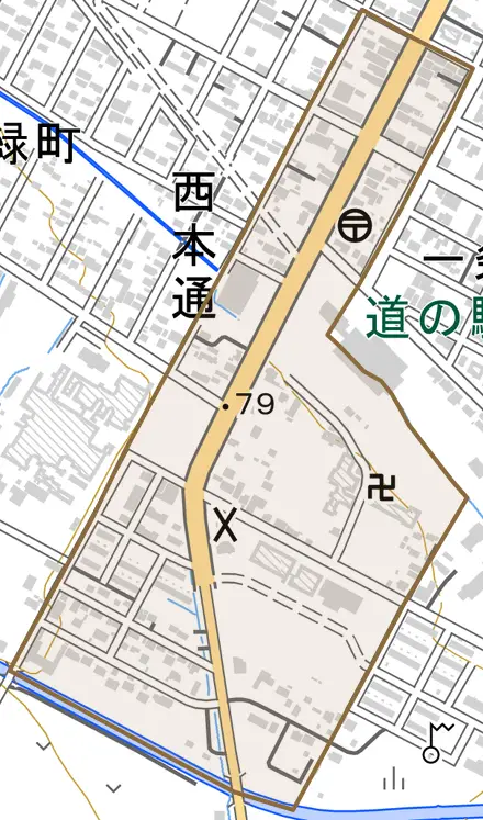 西本通とその周辺の地図。町の範囲を重ねている