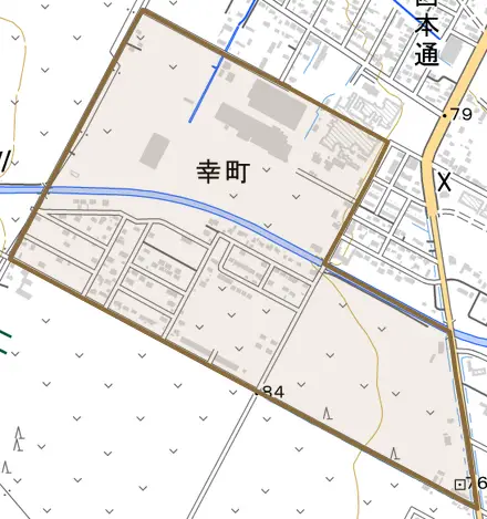 幸町とその周辺の地図。町の範囲を重ねている