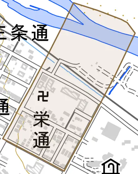 栄通とその周辺の地図。町の範囲を重ねている