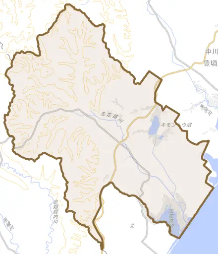 字生花とその周辺の地図。町の範囲を重ねている