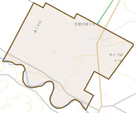 字大樹とその周辺の地図。町の範囲を重ねている