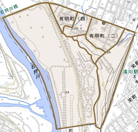 有明町とその周辺の地図。町の範囲を重ねている