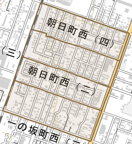 朝日町西とその周辺の地図。町の範囲を重ねている