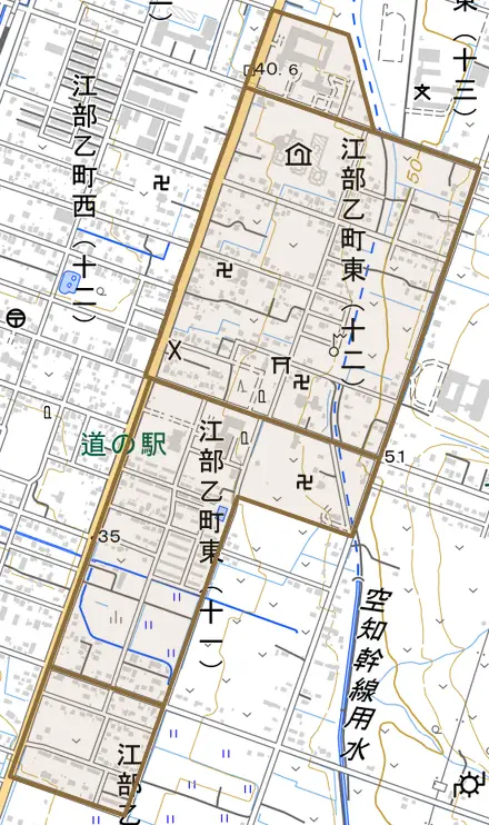 江部乙町東とその周辺の地図。町の範囲を重ねている