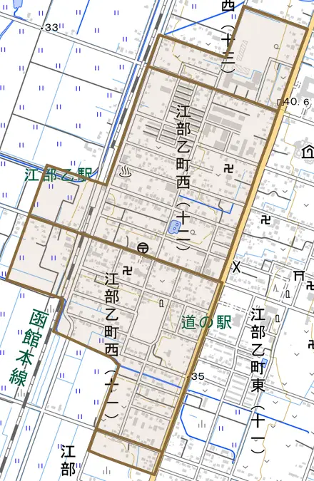 江部乙町西とその周辺の地図。町の範囲を重ねている