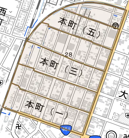 本町とその周辺の地図。町の範囲を重ねている