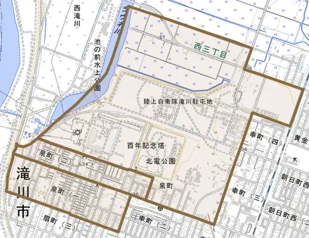 泉町とその周辺の地図。町の範囲を重ねている