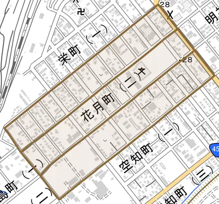 花月町とその周辺の地図。町の範囲を重ねている