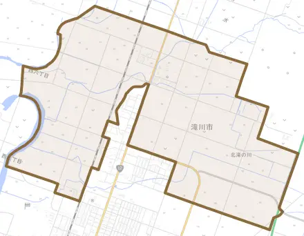北滝の川とその周辺の地図。町の範囲を重ねている