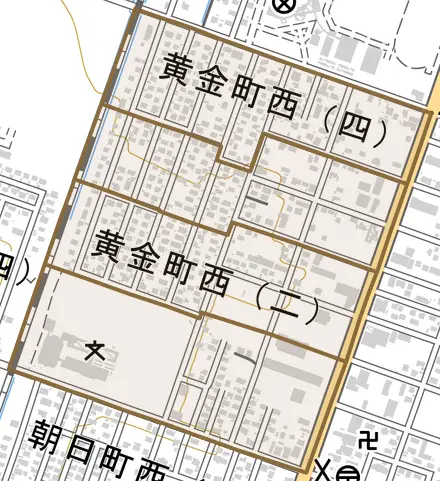 黄金町西とその周辺の地図。町の範囲を重ねている