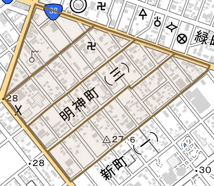 明神町とその周辺の地図。町の範囲を重ねている