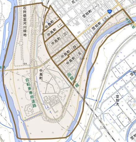 中島町とその周辺の地図。町の範囲を重ねている