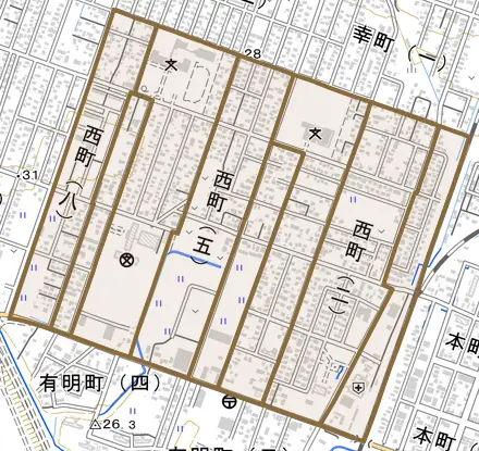 西町とその周辺の地図。町の範囲を重ねている