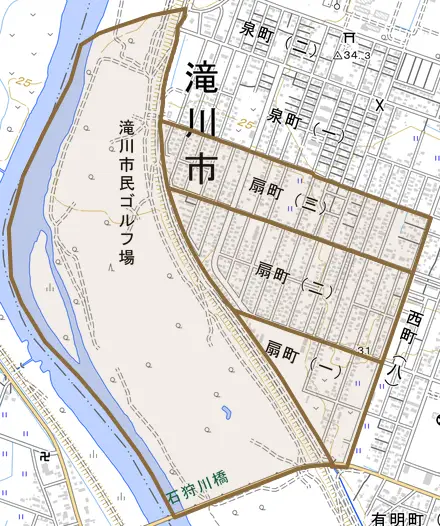 扇町とその周辺の地図。町の範囲を重ねている