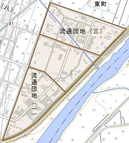 流通団地とその周辺の地図。町の範囲を重ねている