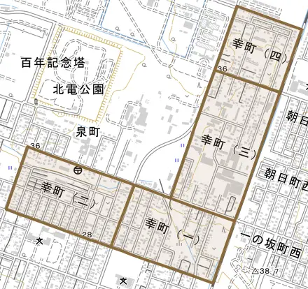 幸町とその周辺の地図。町の範囲を重ねている