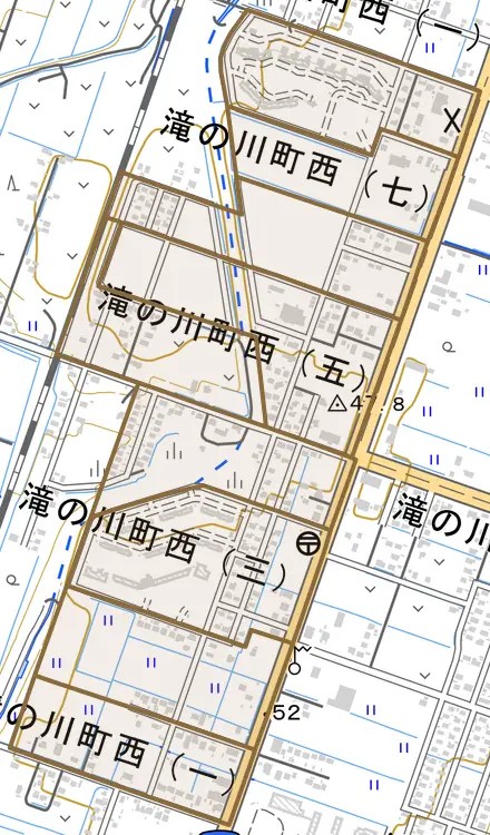 滝の川町西とその周辺の地図。町の範囲を重ねている