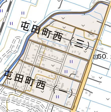 屯田町西とその周辺の地図。町の範囲を重ねている
