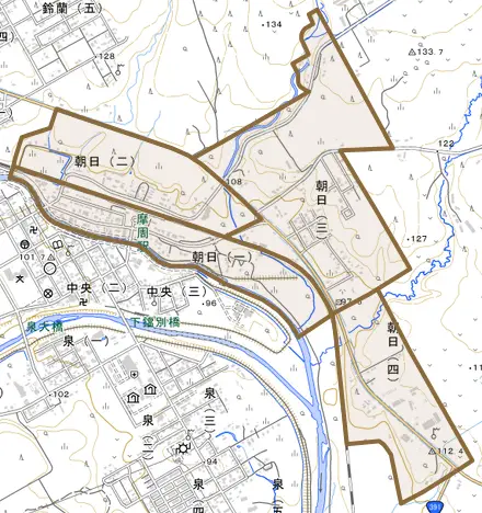 朝日とその周辺の地図。町の範囲を重ねている
