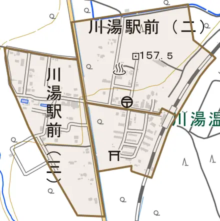 川湯駅前とその周辺の地図。町の範囲を重ねている
