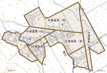 川湯温泉とその周辺の地図。町の範囲を重ねている