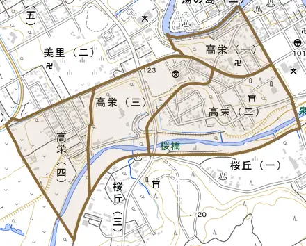 高栄とその周辺の地図。町の範囲を重ねている