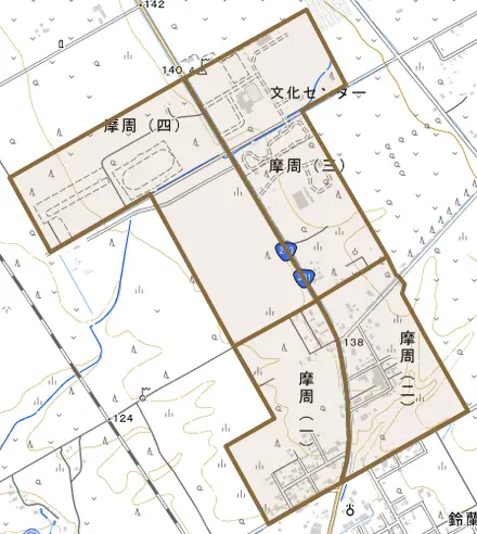 摩周とその周辺の地図。町の範囲を重ねている