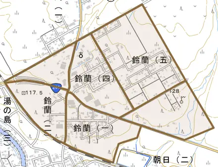 鈴蘭とその周辺の地図。町の範囲を重ねている