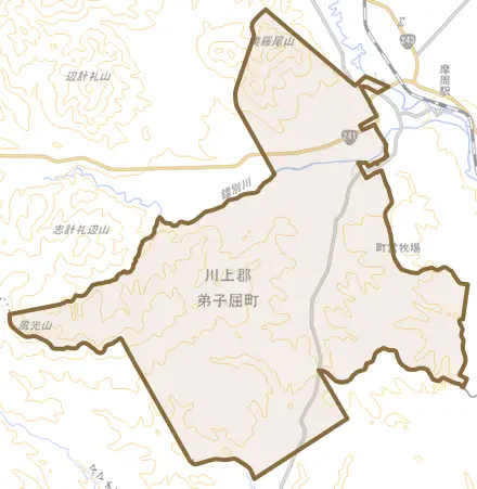 字鐺別原野とその周辺の地図。町の範囲を重ねている
