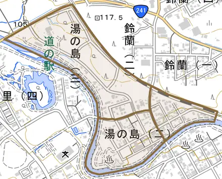 湯の島とその周辺の地図。町の範囲を重ねている