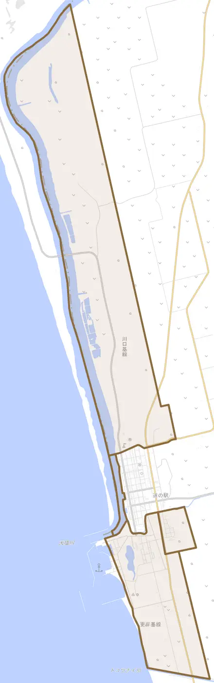 字天塩とその周辺の地図。町の範囲を重ねている