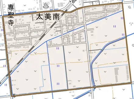 太美南とその周辺の地図。町の範囲を重ねている