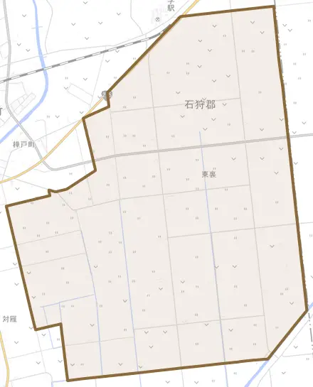 字東裏とその周辺の地図。町の範囲を重ねている