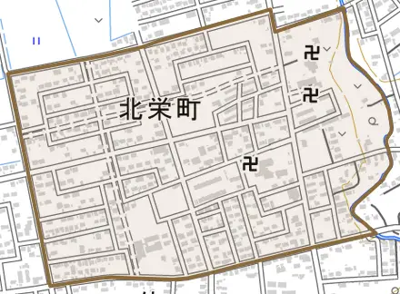 北栄町とその周辺の地図。町の範囲を重ねている