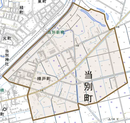 樺戸町とその周辺の地図。町の範囲を重ねている