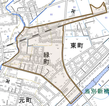 緑町とその周辺の地図。町の範囲を重ねている
