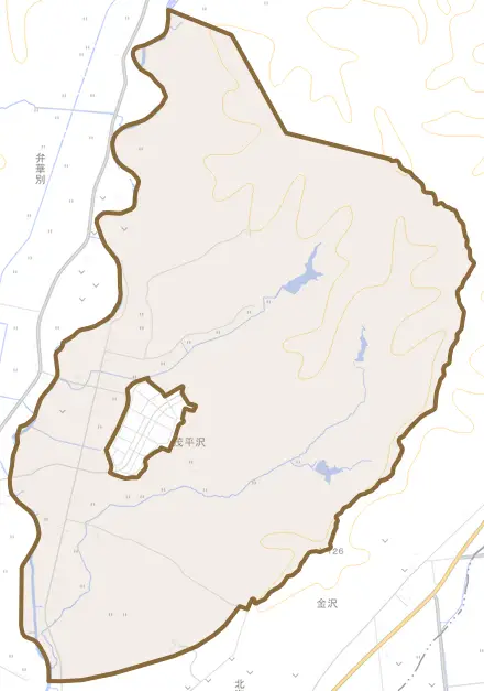 字茂平沢とその周辺の地図。町の範囲を重ねている