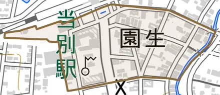 錦町とその周辺の地図。町の範囲を重ねている