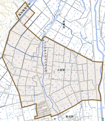 六軒町とその周辺の地図。町の範囲を重ねている