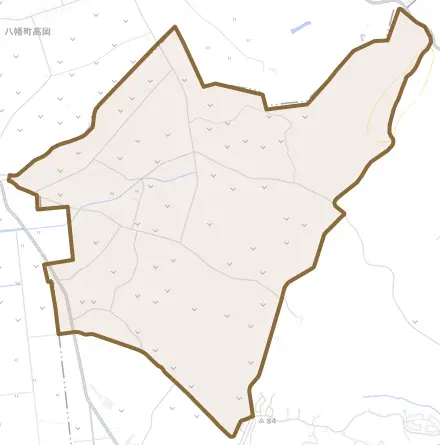 字高岡とその周辺の地図。町の範囲を重ねている