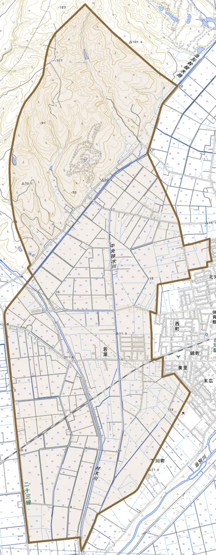 若葉とその周辺の地図。町の範囲を重ねている