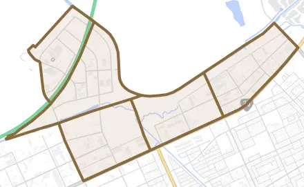 あけぼの町とその周辺の地図。町の範囲を重ねている