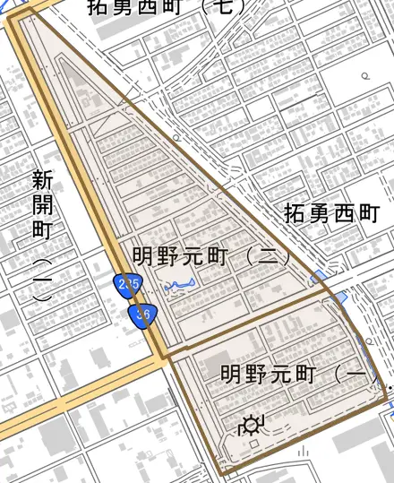 明野元町とその周辺の地図。町の範囲を重ねている