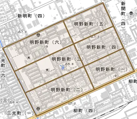 明野新町とその周辺の地図。町の範囲を重ねている