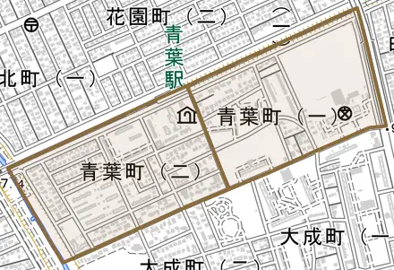 青葉町とその周辺の地図。町の範囲を重ねている